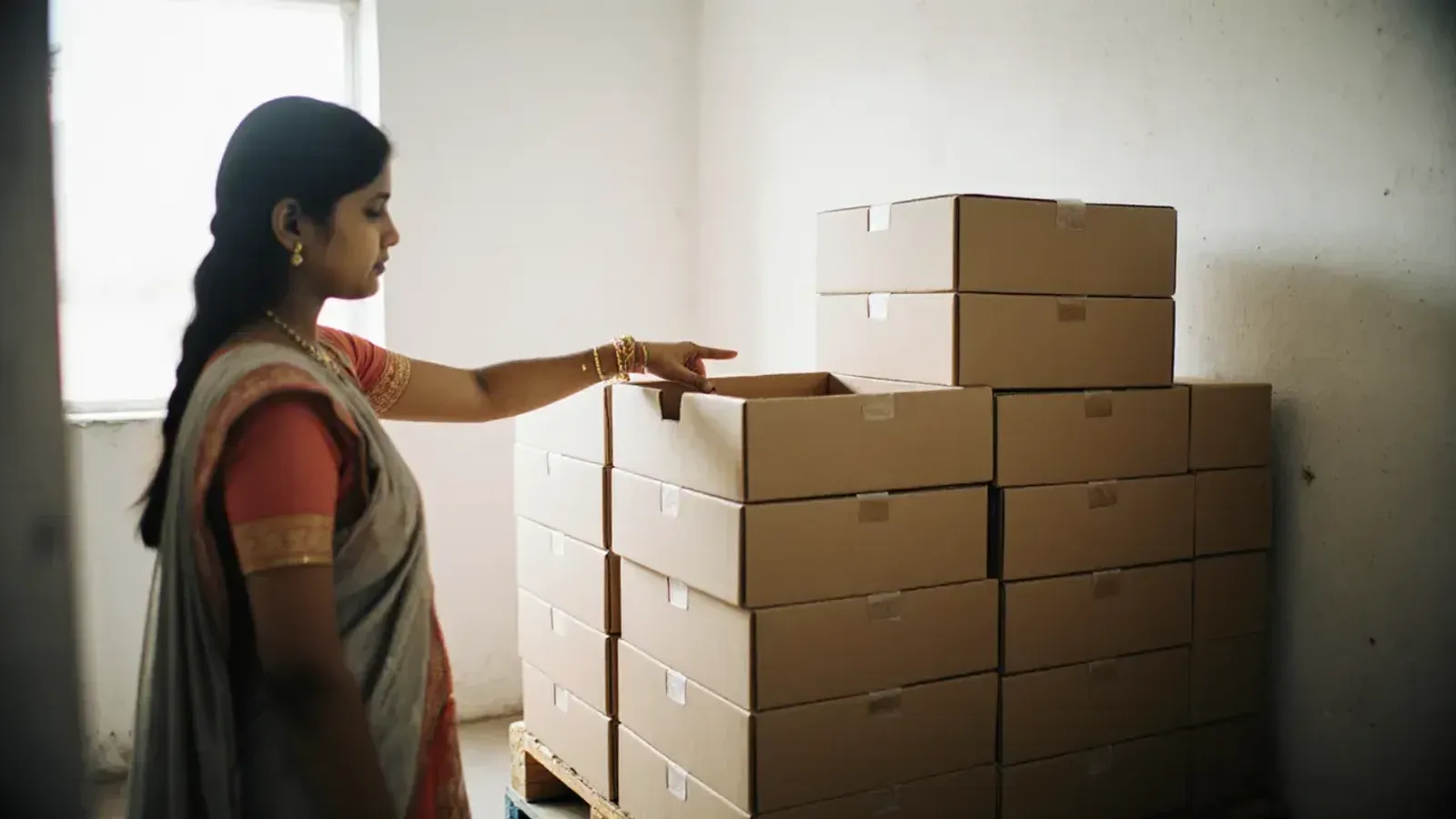 A woman in a saree points into an open, empty carton on top of a stack of plain cartons in a bright storeroom