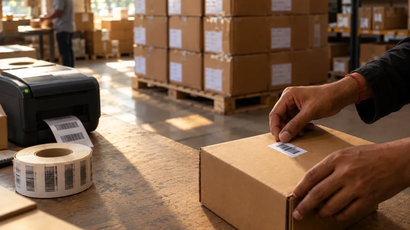 A hand pressing a barcode sticker onto a carton at a warehouse workbench, beside a label printer and a roll of barcode labels, with pallets of boxes behind