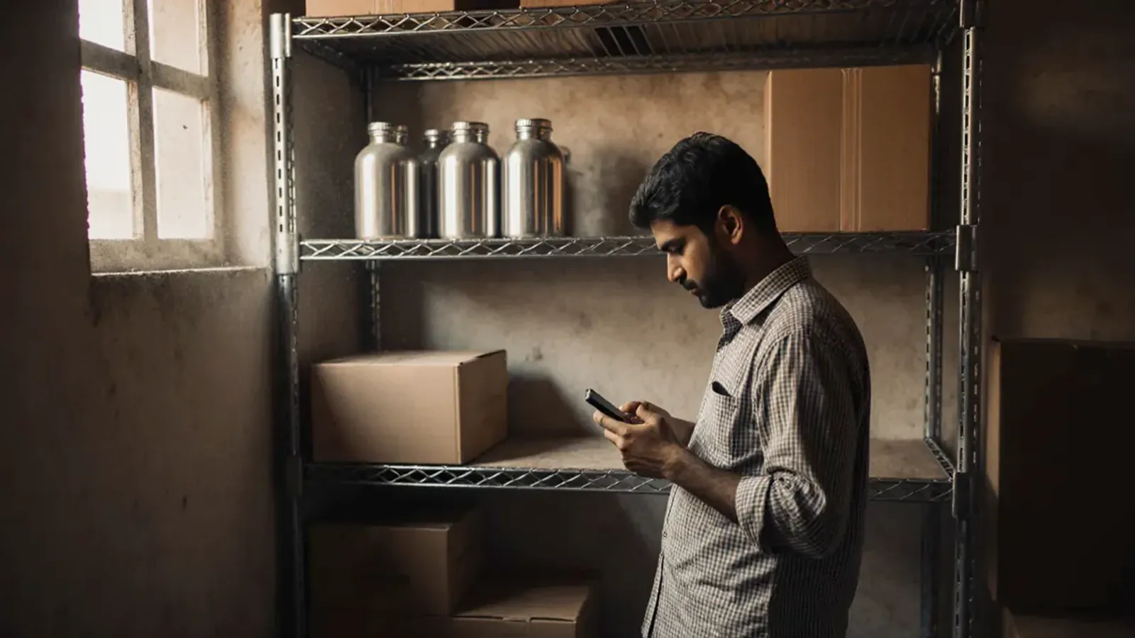 A seller in a checked shirt reads his phone beside a nearly empty steel rack in a small stockroom, with a few steel water bottles and plain cartons left on the shelves