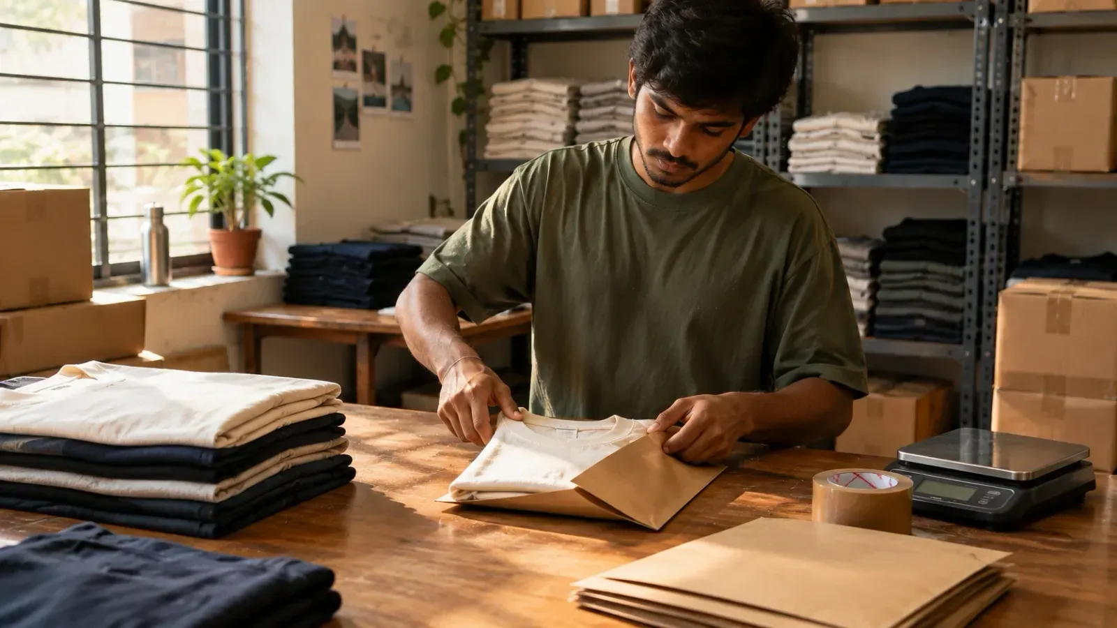 A young man folds a cream cotton T-shirt into a kraft paper mailer on a wooden table, beside stacks of folded T-shirts, a roll of tape and a digital scale