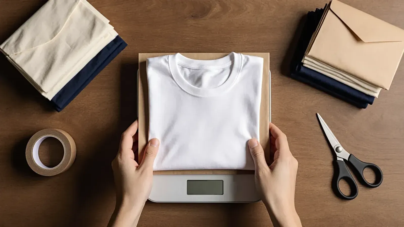 Overhead view of hands placing a folded white T-shirt on a kraft mailer on a kitchen scale, beside folded T-shirts, envelopes, tape and scissors