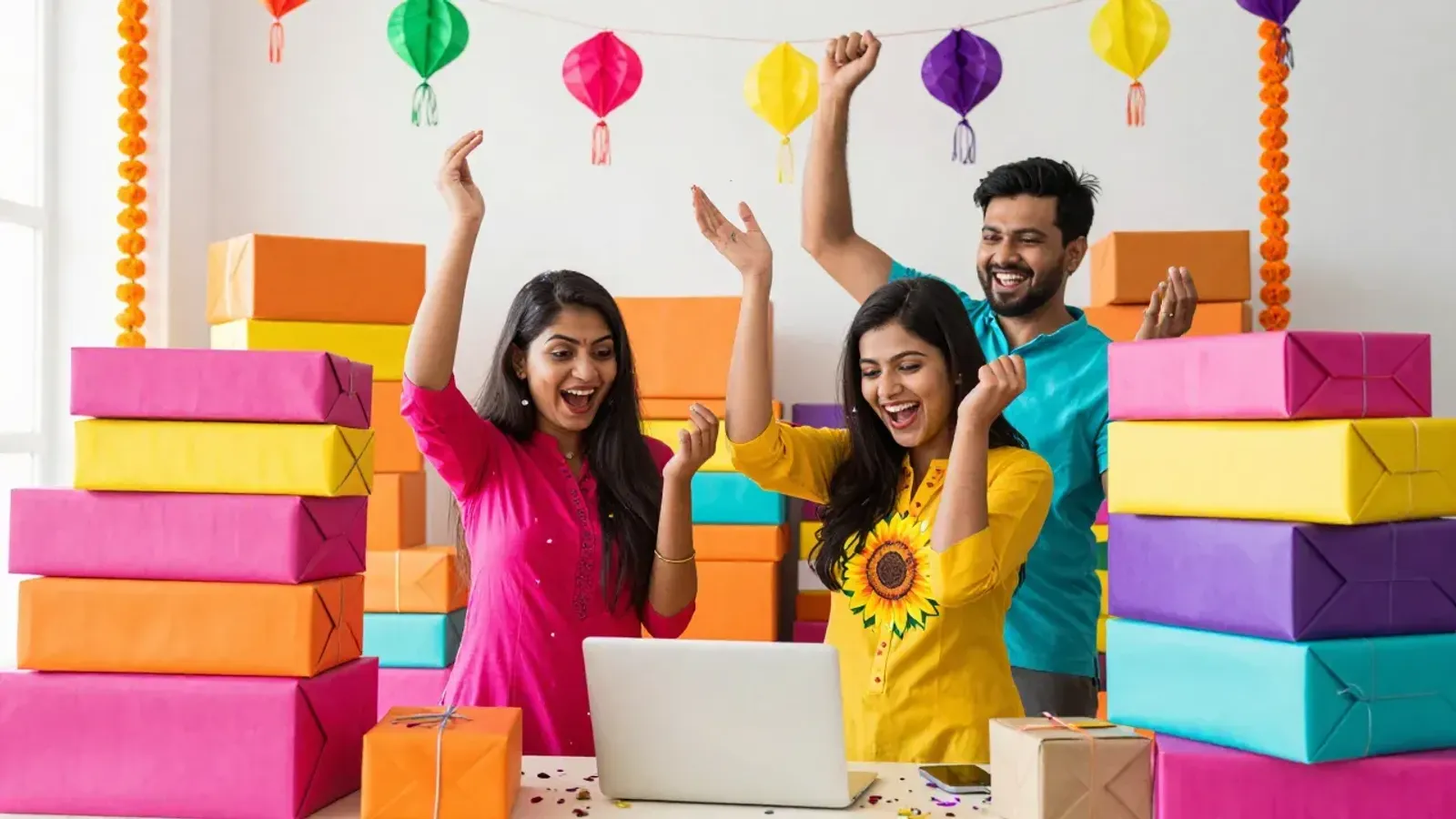 Two young women and a man cheer at a laptop, between tall stacks of brightly wrapped parcels, with paper lanterns and marigolds above them