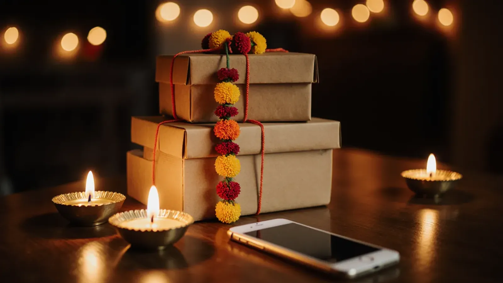 Delivery parcels tied with a marigold garland beside lit diyas and a phone, on a table in the evening