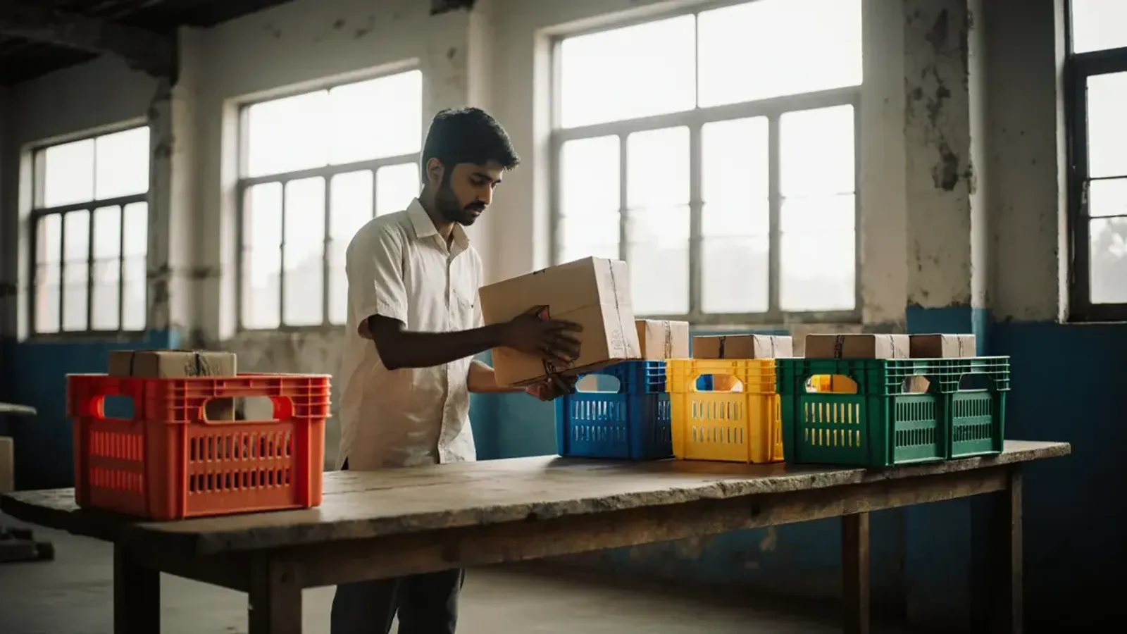 A man sorts plain brown parcels into red, blue, yellow and green crates on a long wooden table in a bright warehouse