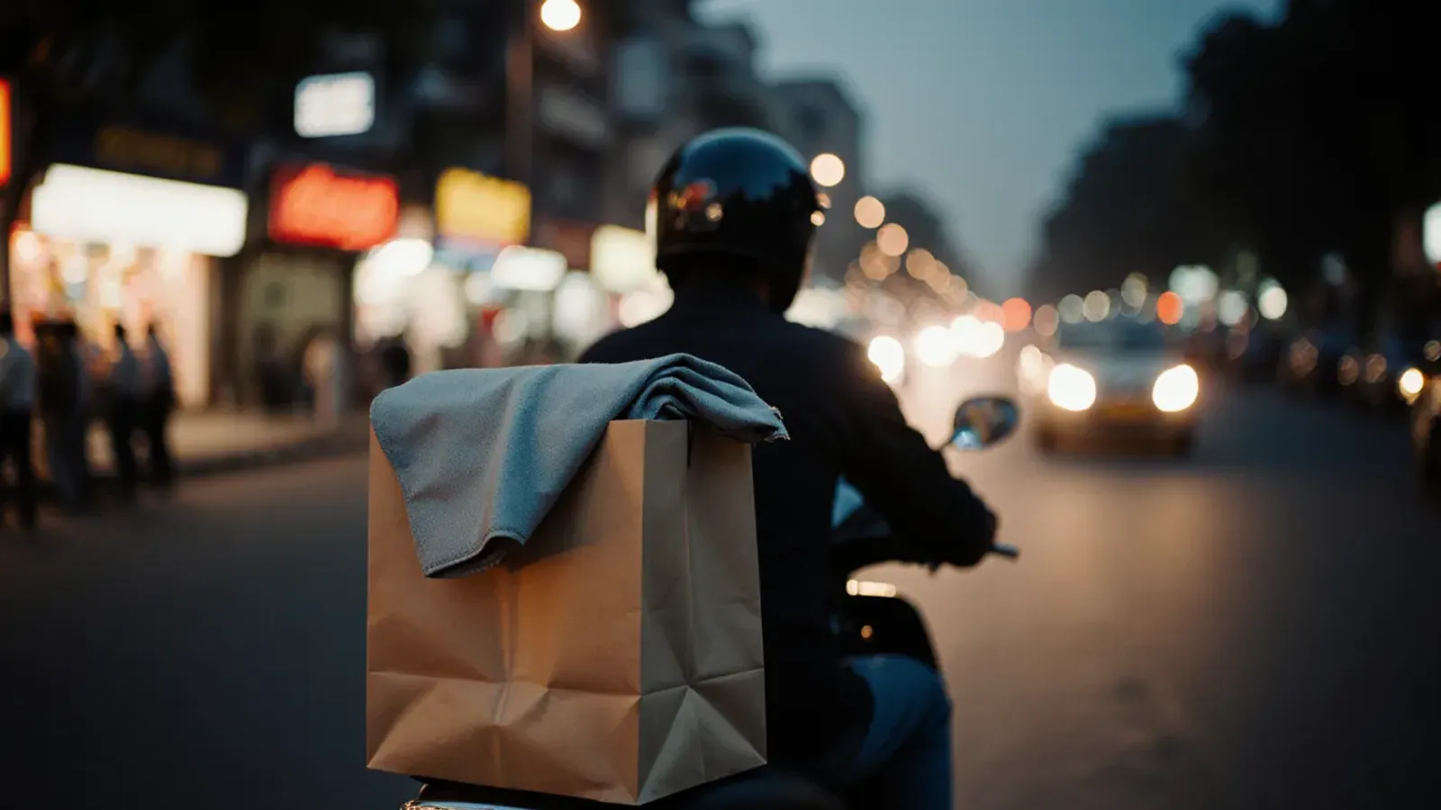 A delivery rider on a scooter on a busy Delhi street at dusk, with a paper bag and a folded kurta strapped behind