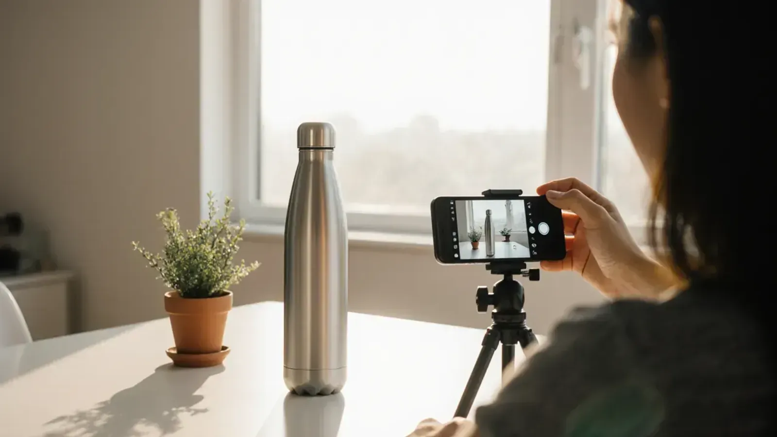 A woman films a plain steel water bottle on a white table with a phone on a small tripod, beside a potted plant and a sunny window