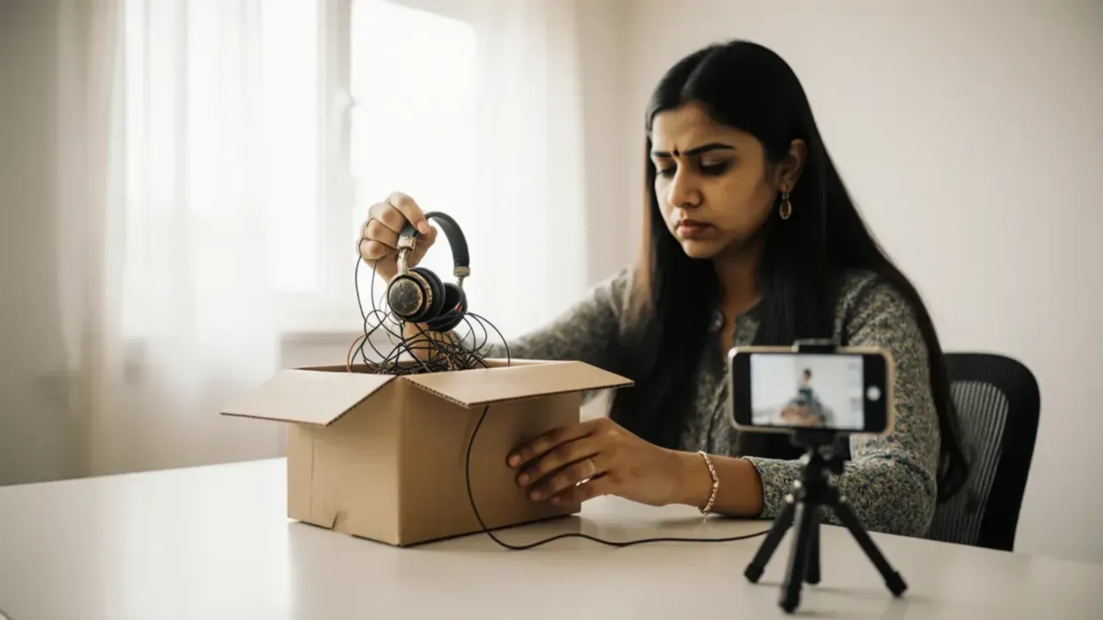 A young woman frowns as she lifts a tangled pair of old headphones out of a returned carton, while a phone on a small tripod records the unboxing