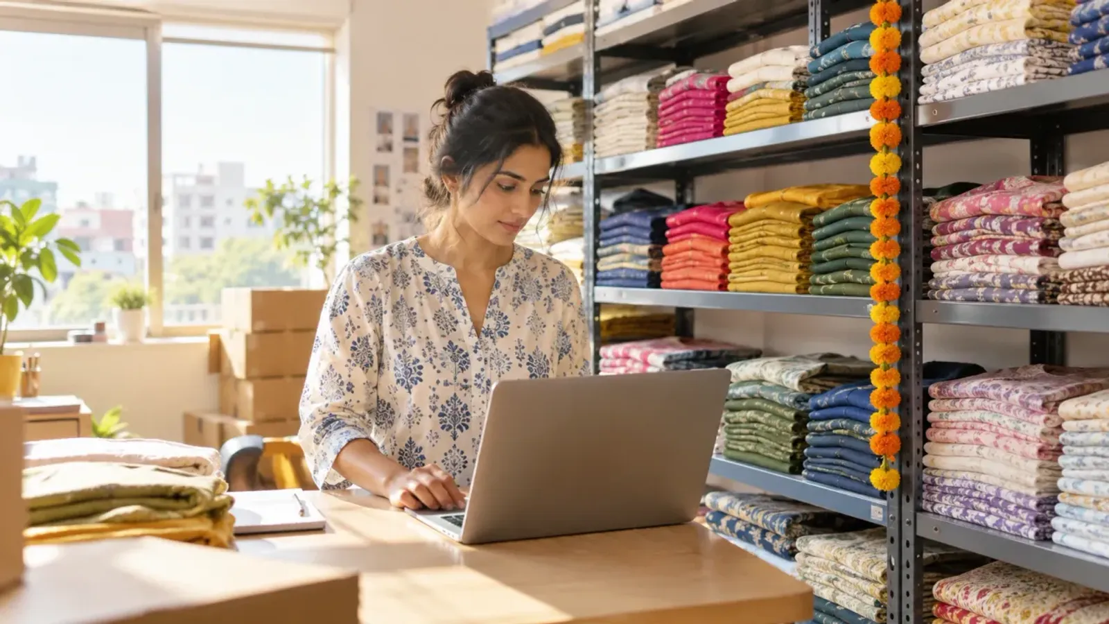 A woman checks stock on a laptop in a sunny storeroom, beside shelves of folded kurtas in many colours and a marigold garland