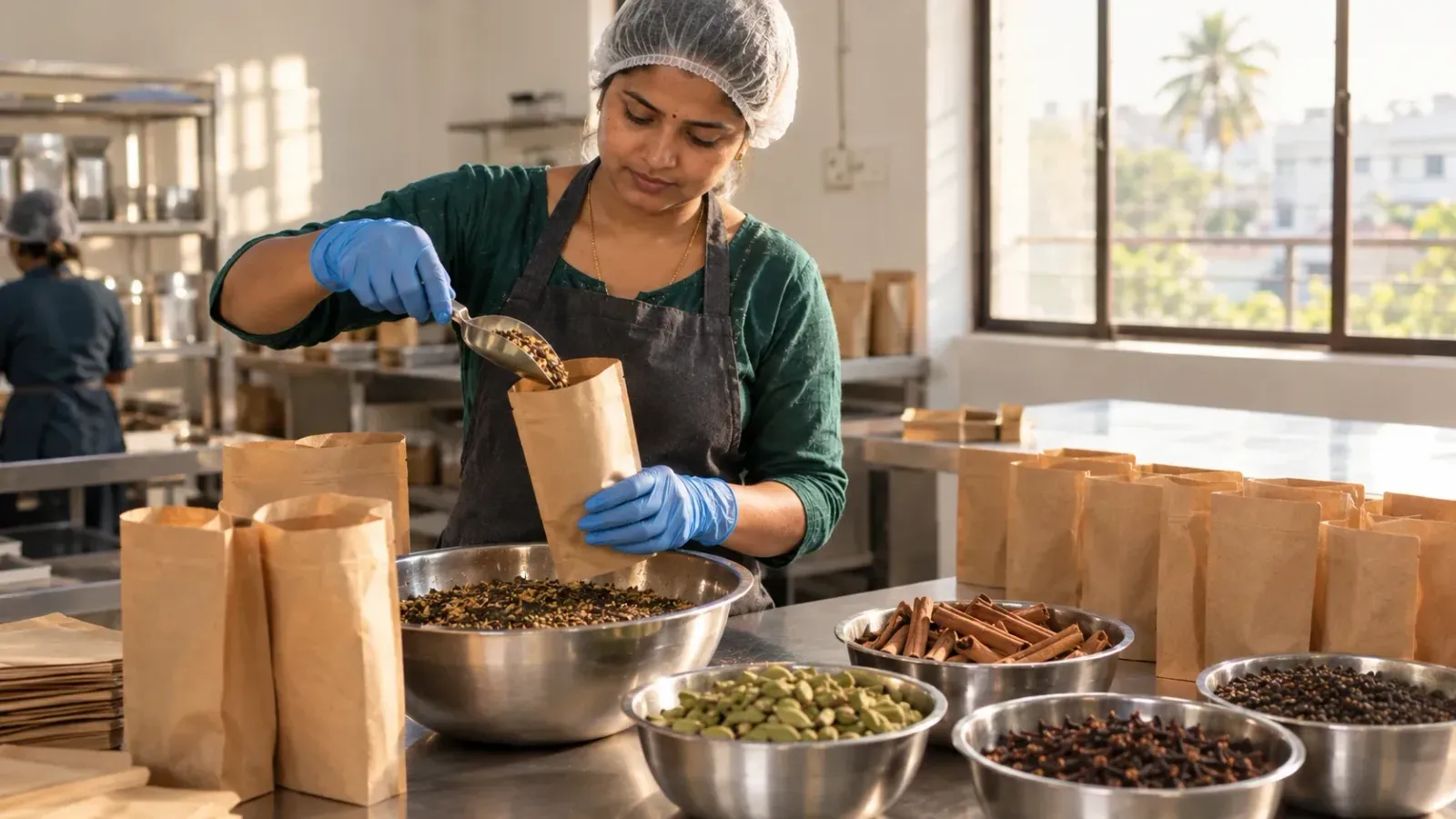 A woman in a hairnet and blue gloves scoops masala chai blend into kraft paper pouches, beside steel bowls of cardamom, cinnamon, cloves and black pepper