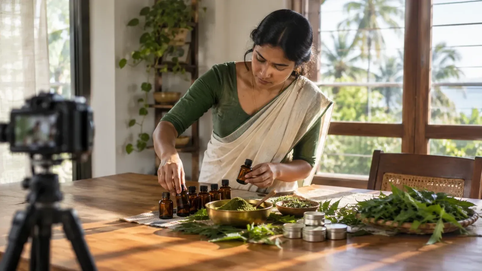 A woman in a Kerala saree arranges amber glass bottles, a brass bowl of henna powder, neem leaves and small steel tins on a teak table, with a camera on a tripod in the foreground