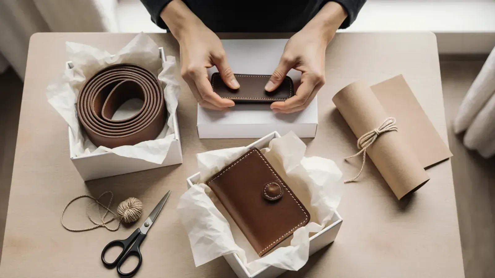 Hands pack brown leather wallets and a coiled belt into white gift boxes lined with tissue paper, beside brown paper, twine and scissors on a table