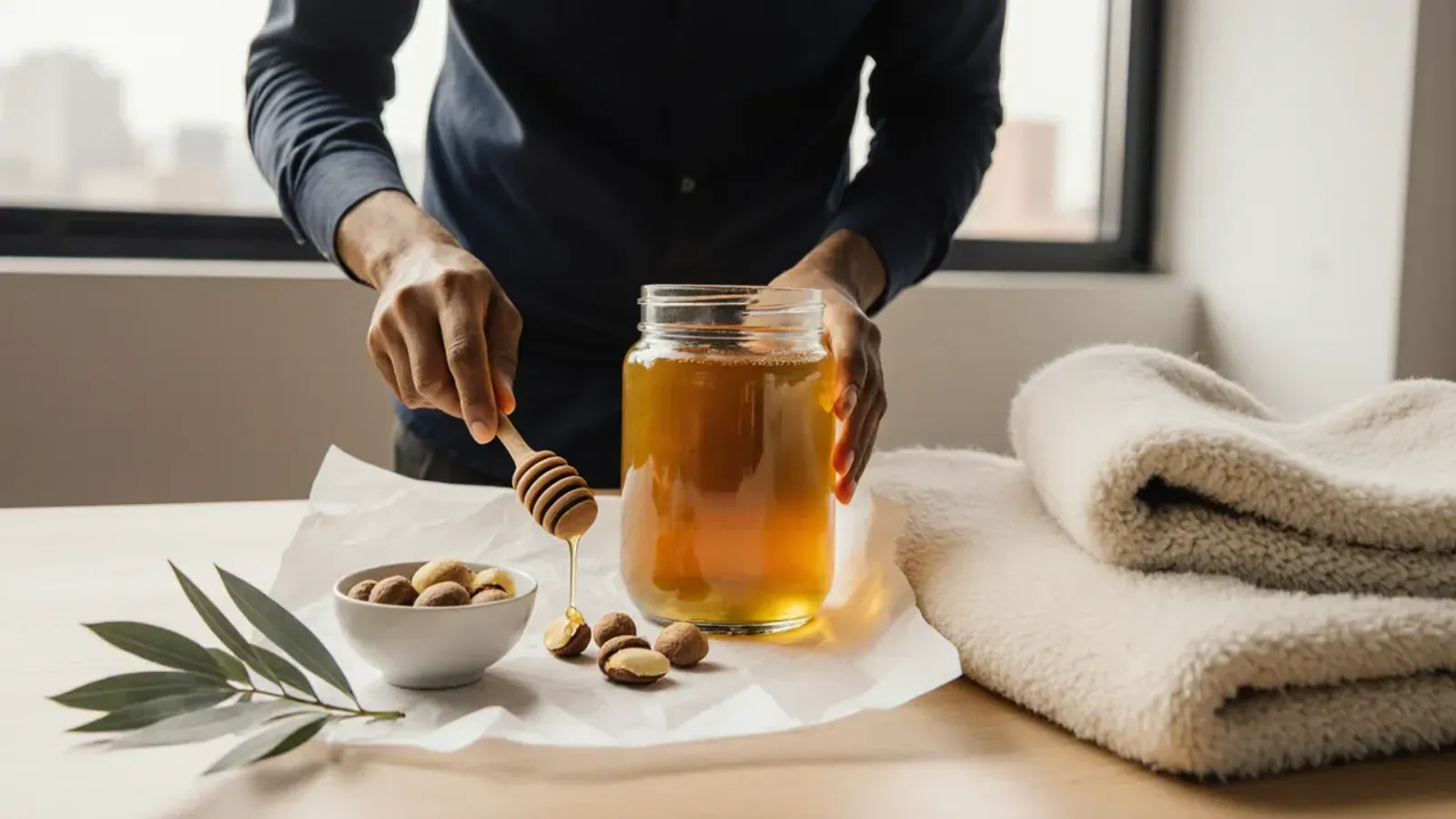A man drizzles honey from a wooden dipper beside a glass jar of honey, a bowl of macadamia nuts, a eucalyptus sprig and a folded cream wool throw, on a table by a window