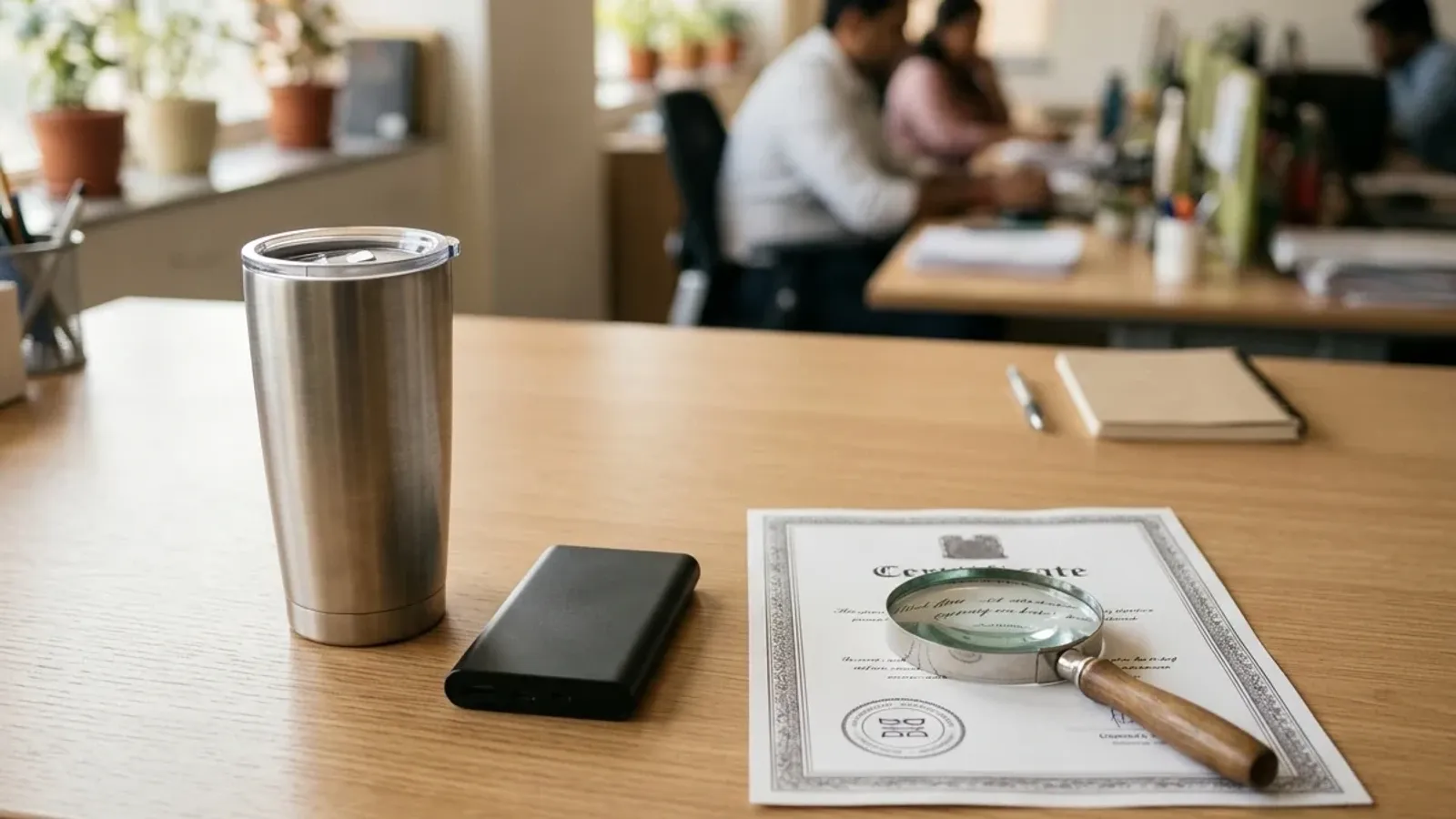 An insulated steel tumbler and a power bank on an office desk, next to a certificate with a magnifying glass resting on it