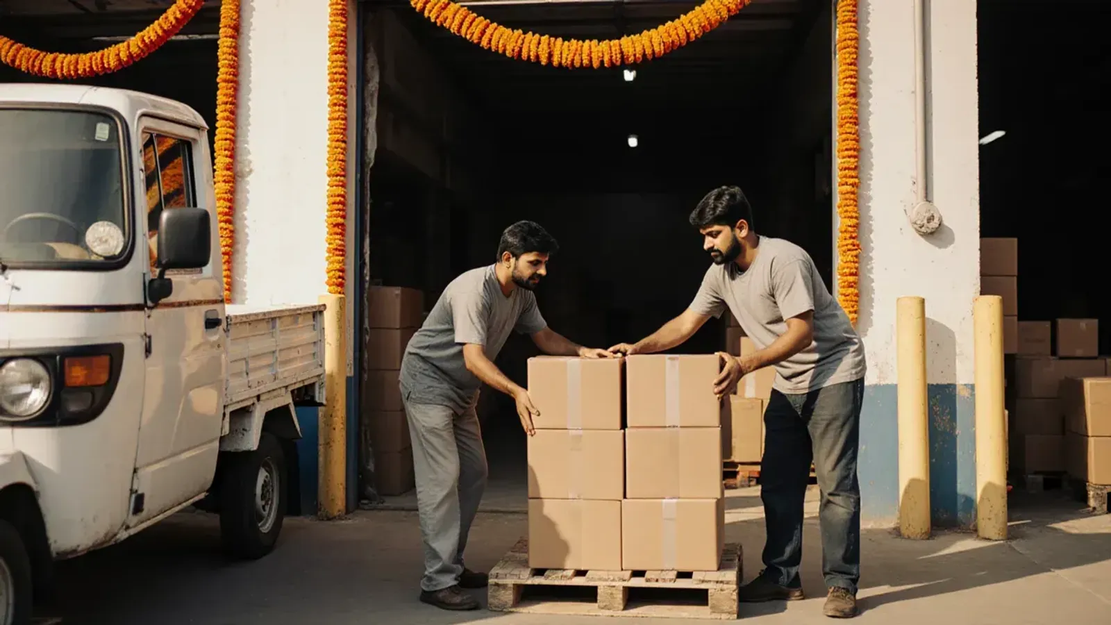 Two men stack plain brown cartons on a pallet at a warehouse loading dock hung with marigold garlands, a small white tempo parked beside them