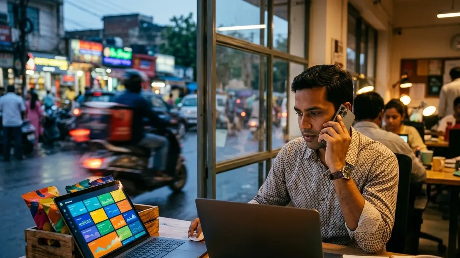 A seller on a phone call at a laptop by a café window, with a delivery scooter passing in the rain outside