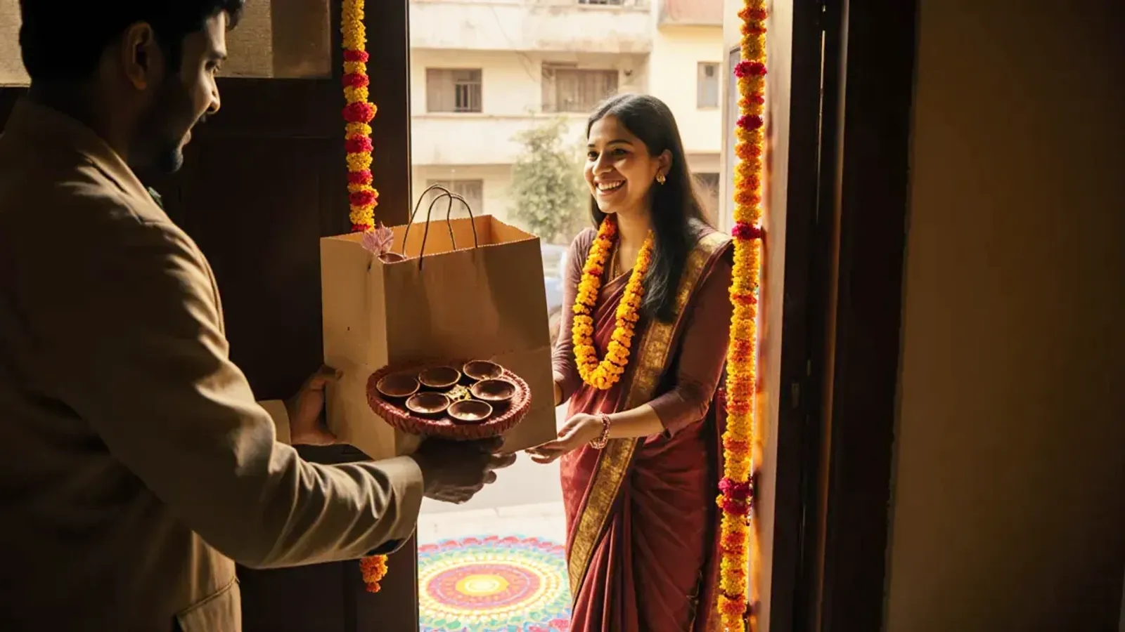 A delivery man hands a paper bag and a tray of clay diyas to a smiling woman at a doorway decorated with marigolds and a rangoli