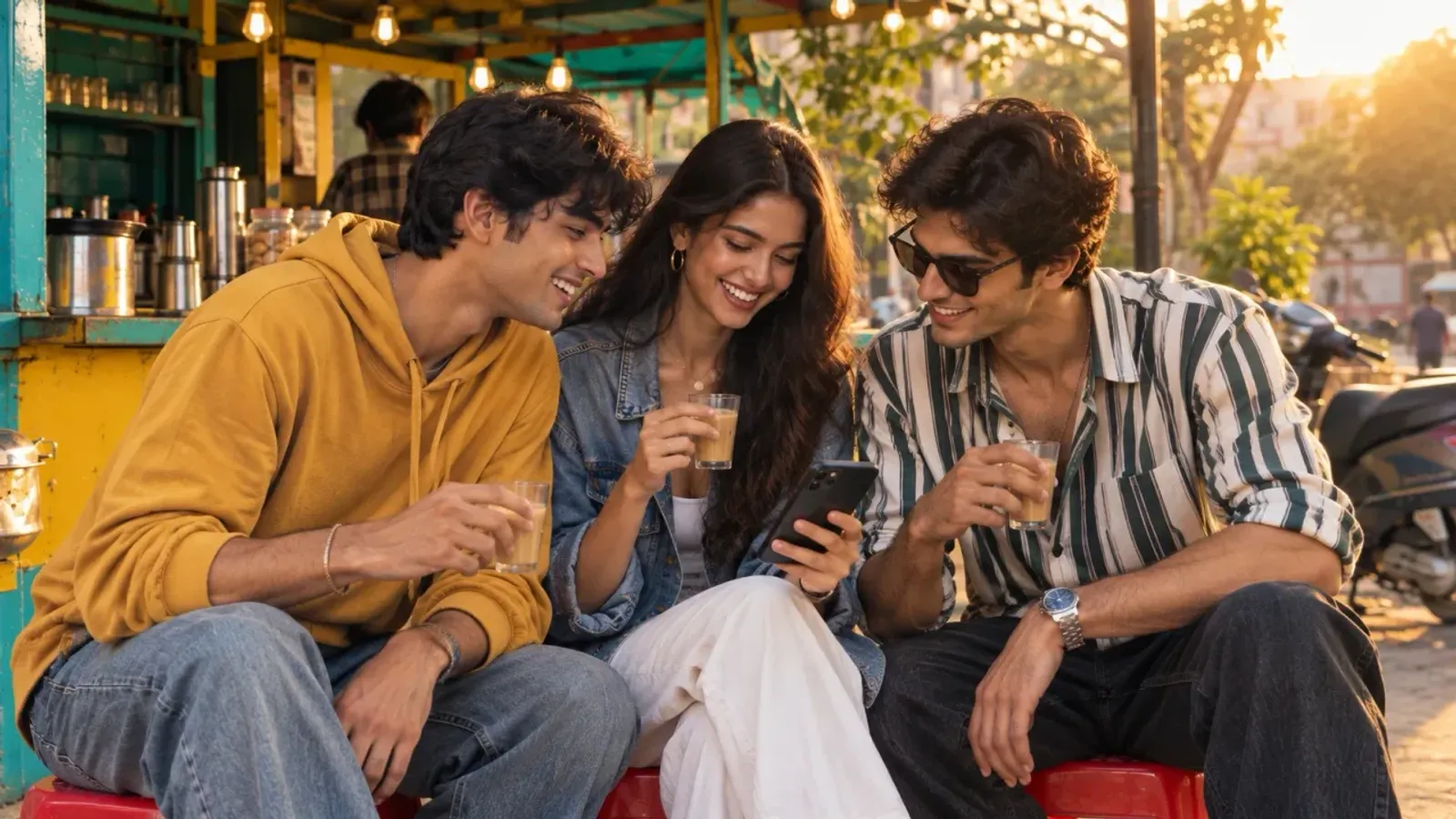 Three friends in a mustard hoodie, a denim jacket and a striped shirt laugh at one phone over glasses of chai, at a turquoise and yellow roadside chai stall in the evening sun