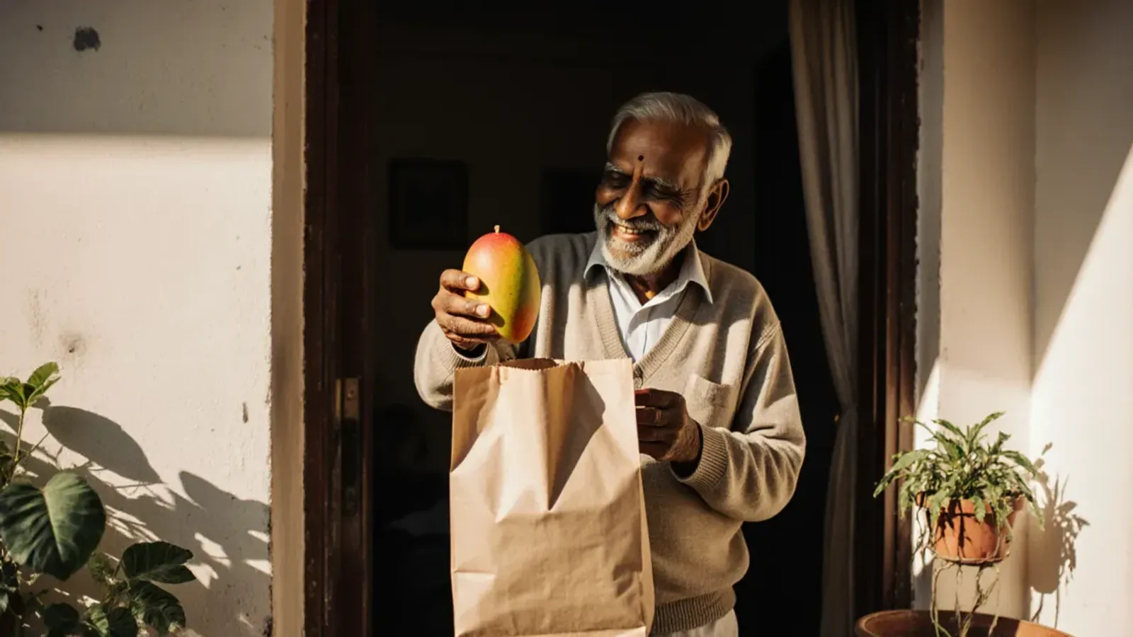 A smiling older man at his door holds up a ripe mango from a paper bag that has just been delivered