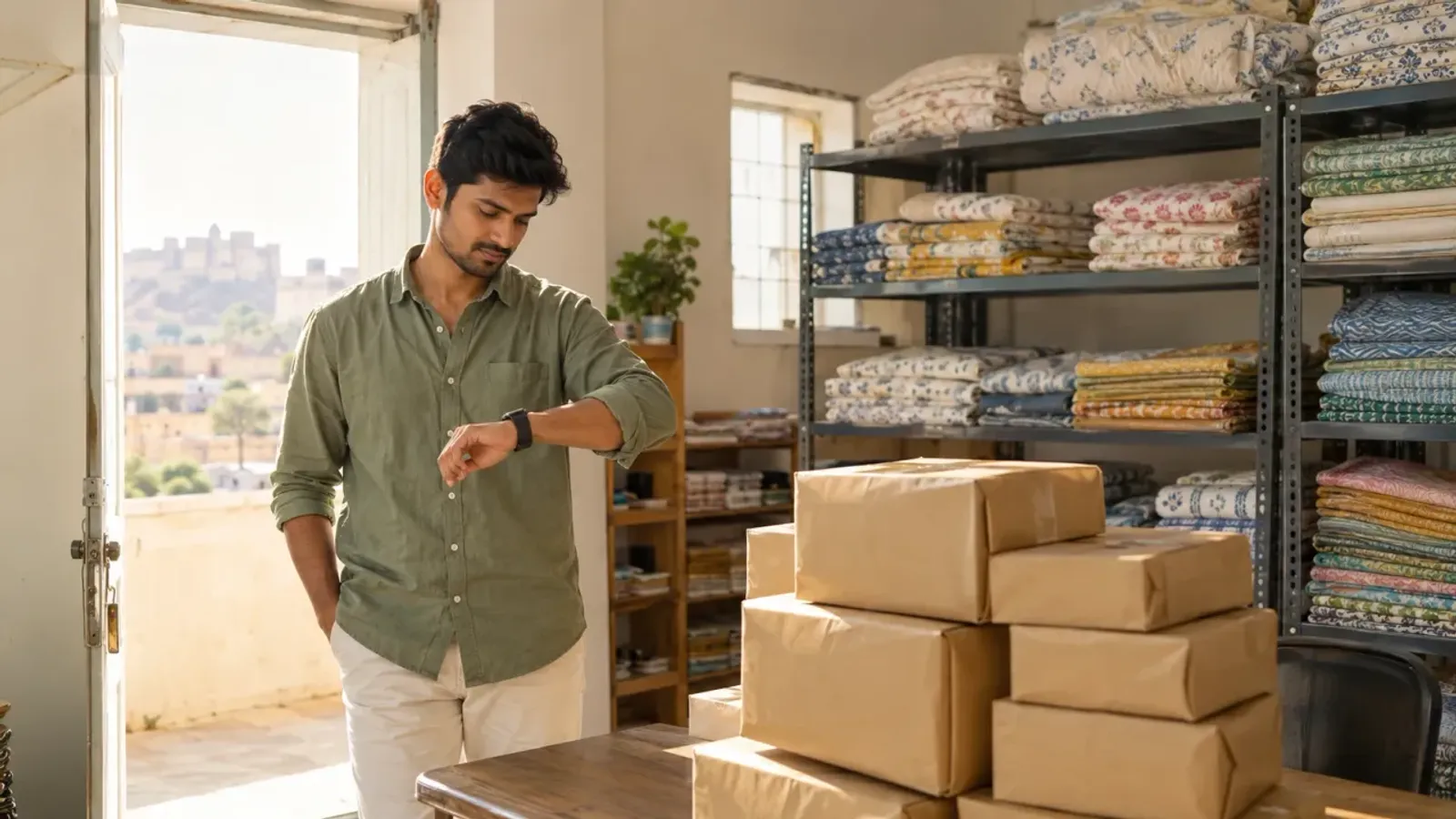 A young man checks his watch in a sunny storeroom beside a stack of brown parcels waiting by the open door, with shelves of folded bedsheets behind him