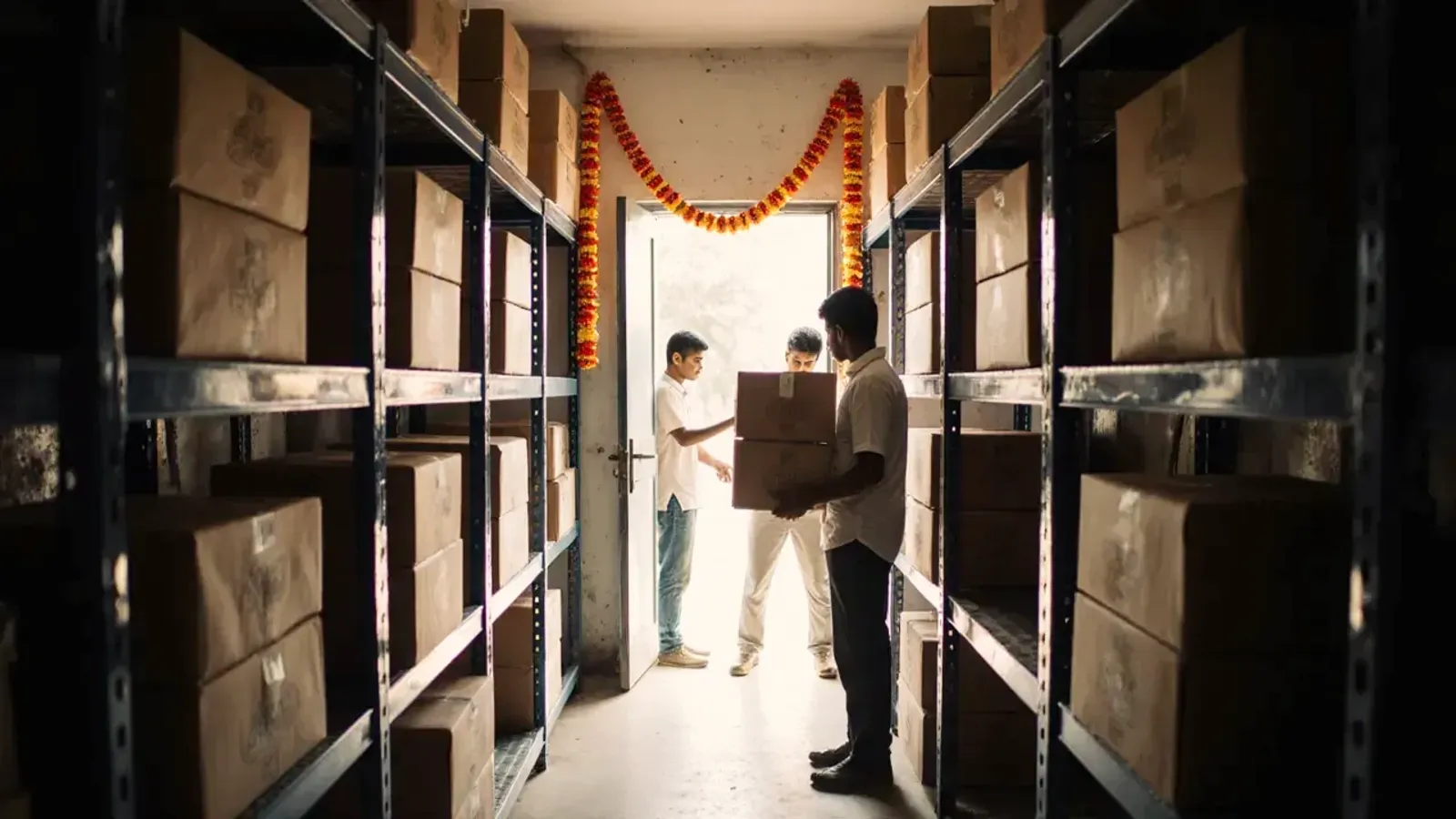 Young workers move cartons along a stockroom aisle lined with metal shelves, with a marigold garland over the bright doorway