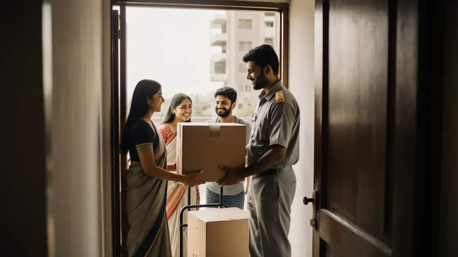A delivery man in a grey uniform hands a large cardboard box to a smiling family at the door of their apartment
