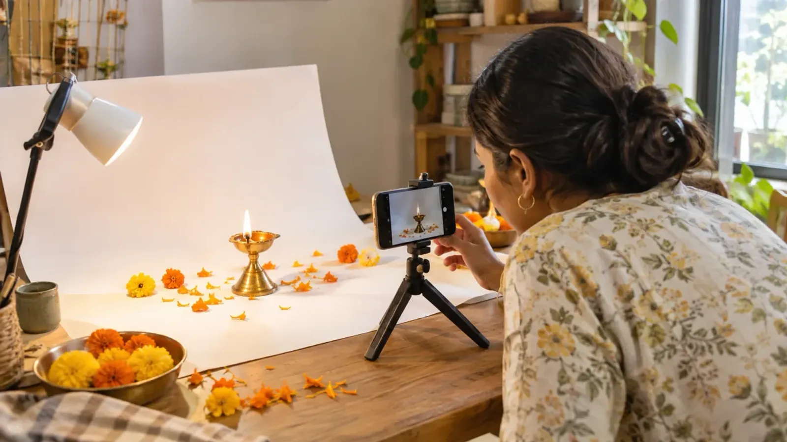 A seller photographs a lit brass diya on a white paper backdrop with her phone on a small tripod, marigolds scattered around it