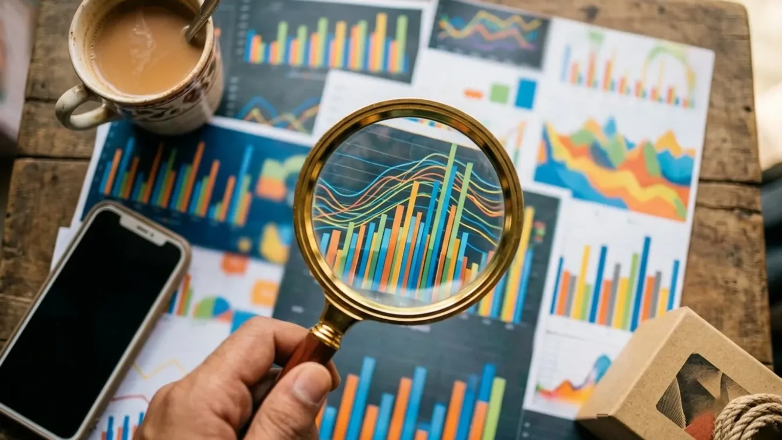 A hand holding a magnifying glass over printed sales charts, beside a cup of chai, a phone and a product box