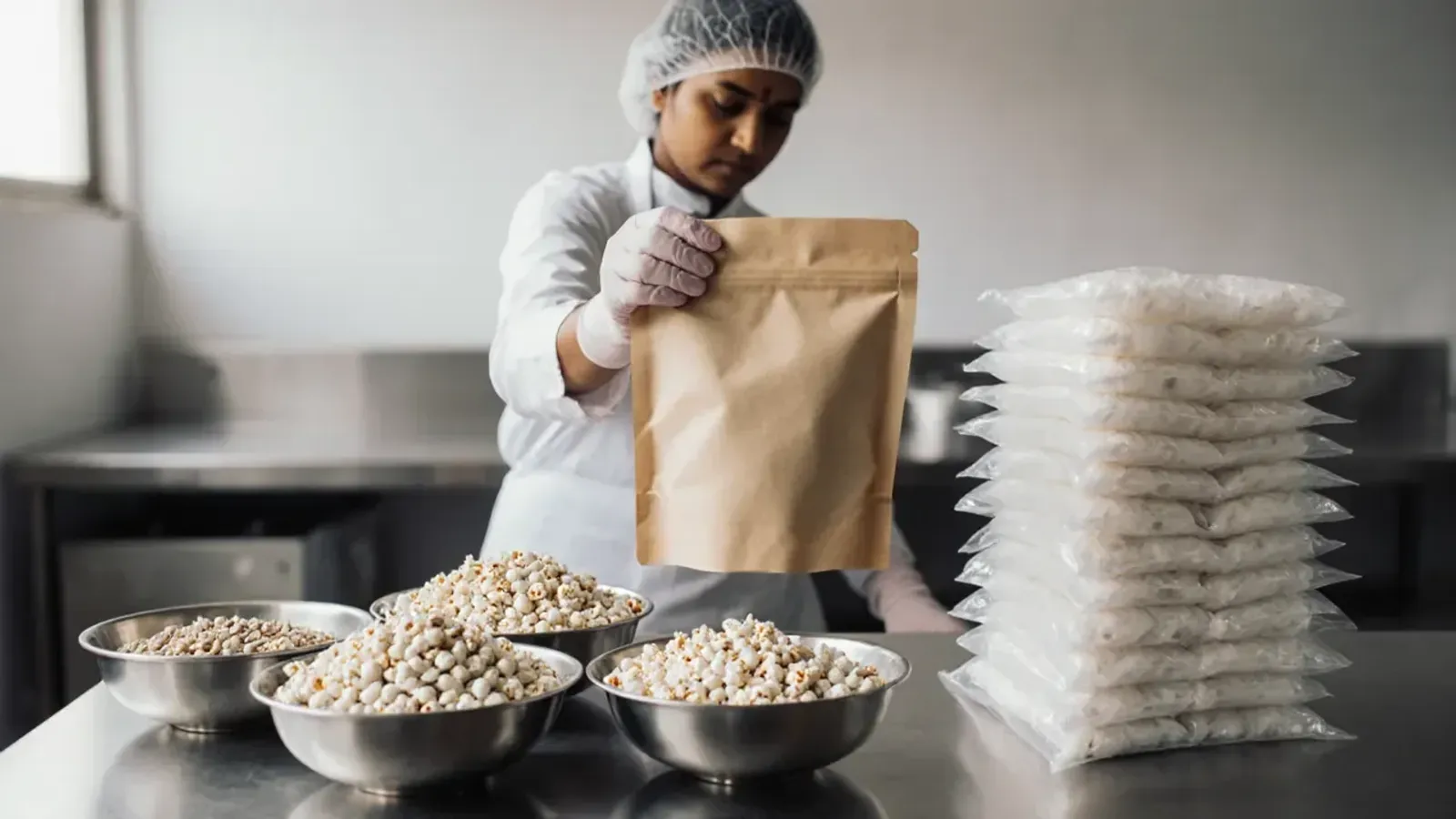 A worker in a hairnet holding up a plain kraft pouch over a steel table with bowls of roasted makhana and a stack of sealed pouches