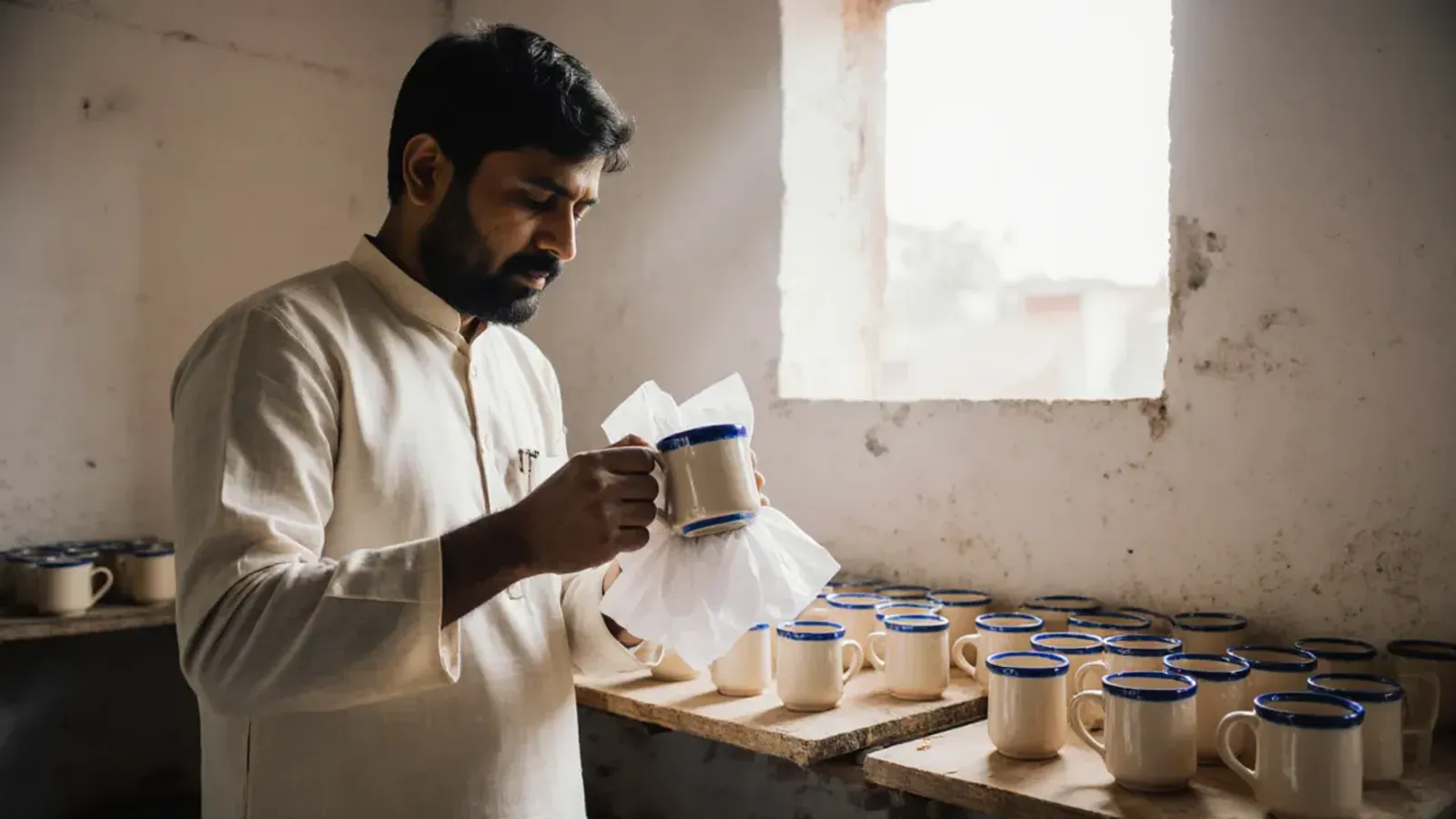 A potter in a cream kurta wraps a ceramic mug with a blue rim in white tissue paper, beside rows of glazed mugs on wooden boards in a sunlit workshop