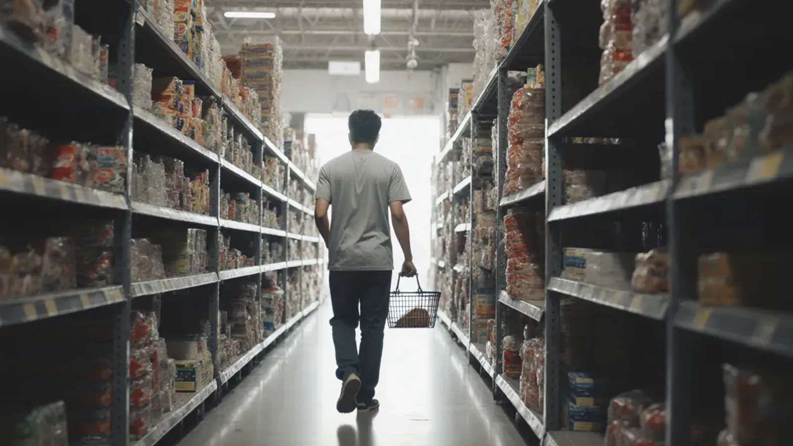 A picker in a grey T-shirt walking down a dark-store aisle with a wire basket, shelves of packed goods on both sides