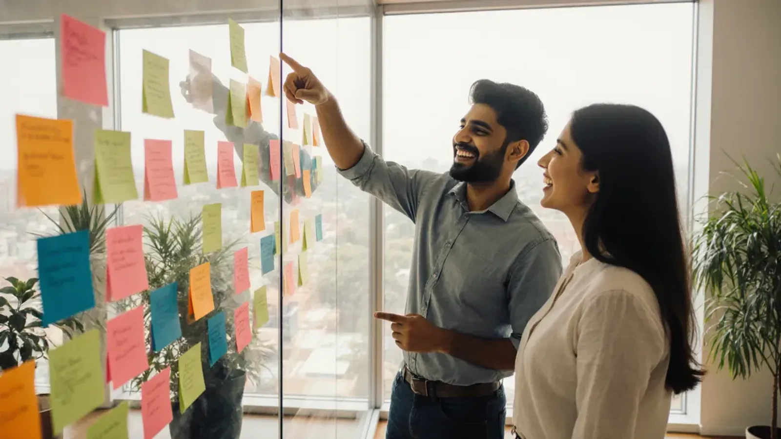 Two young marketers laugh as they plan a campaign at a glass wall covered in sticky notes