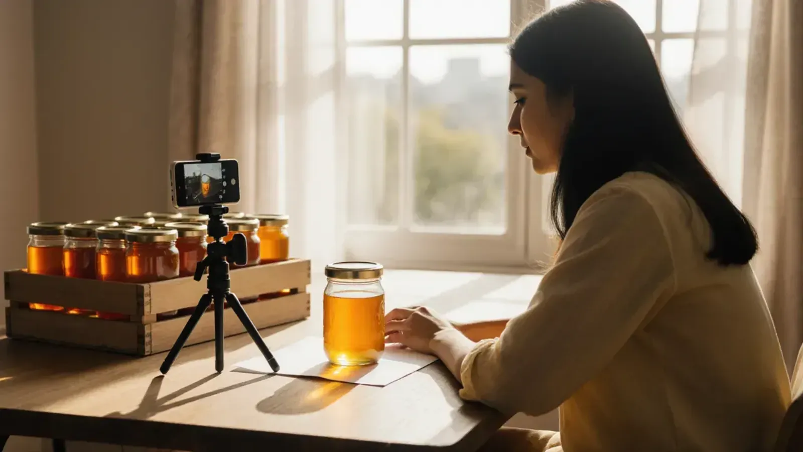A young woman at a sunny window photographs a jar of honey on white paper with her phone on a small tripod, beside a wooden crate of honey jars