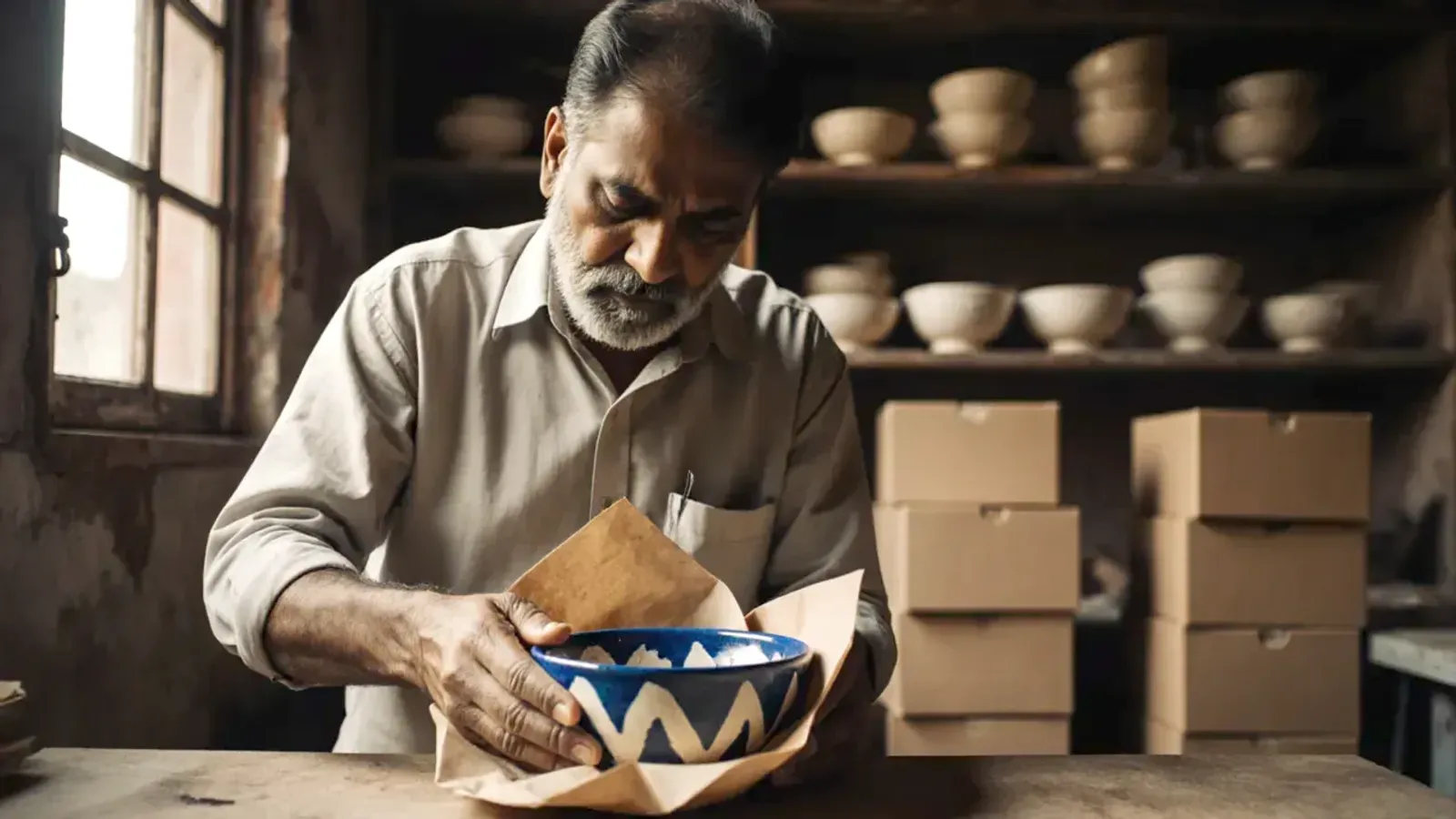 A craftsman wraps a hand-painted blue pottery bowl in brown paper at his workbench, with shelves of bowls and plain boxes behind him