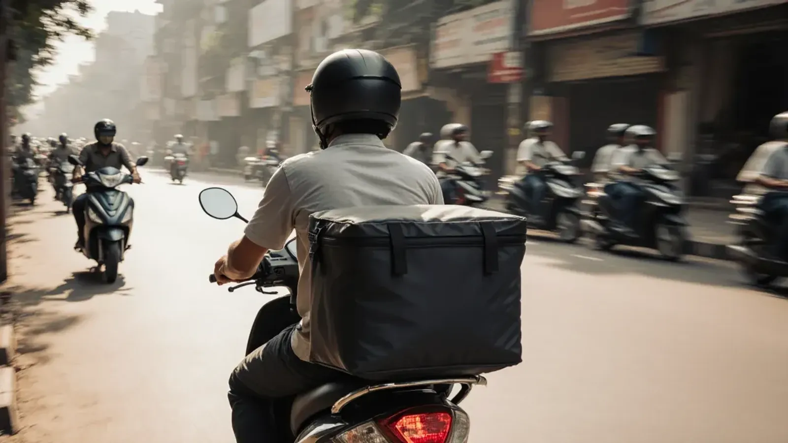 A delivery rider with a plain black insulated bag rides a scooter through busy morning traffic in Delhi