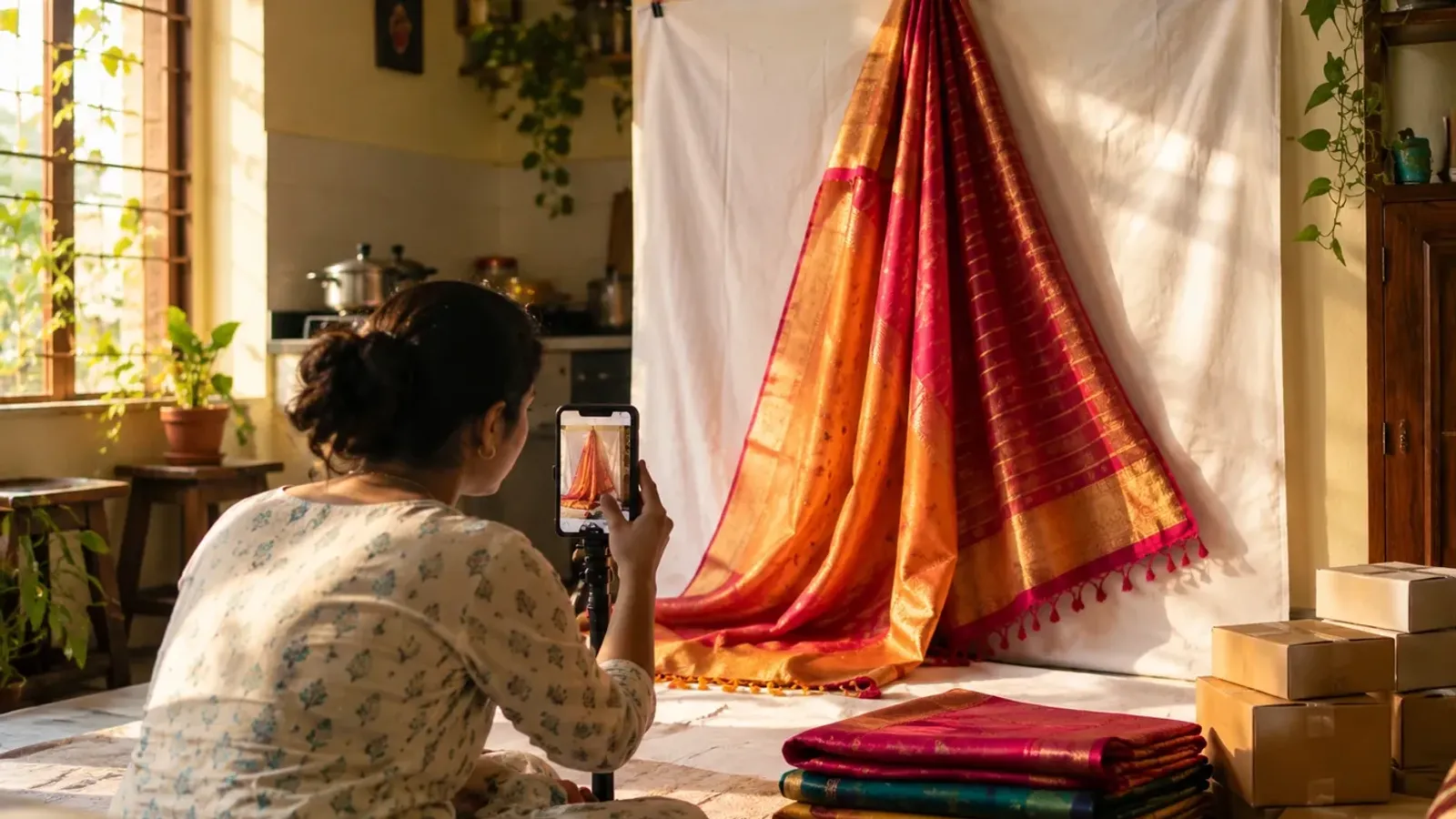 A woman at home photographing a silk saree hung on a white sheet with her phone, next to folded sarees and parcels
