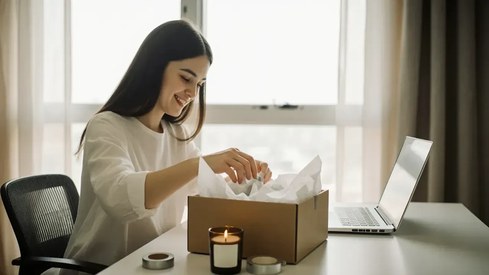A smiling woman tucks tissue paper into a cardboard box of candles at a bright desk by a big window, with a lit candle and a laptop beside her