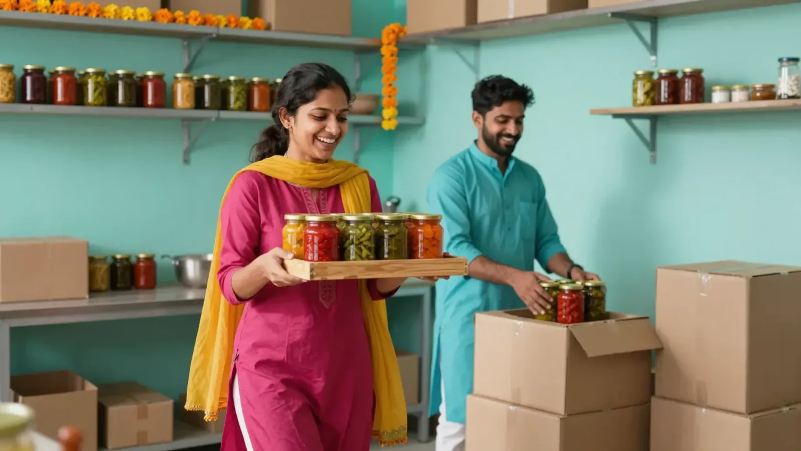 A smiling woman in a magenta kurta and a yellow dupatta carries a tray of colourful pickle jars past a colleague packing jars into cardboard boxes, in a bright turquoise workshop hung with marigolds