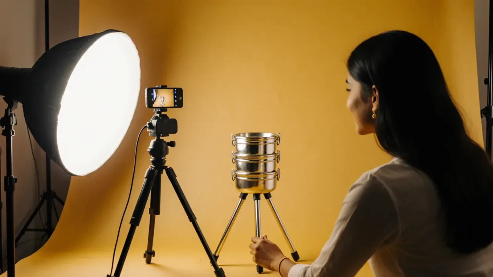 A young woman films a stacked steel tiffin on a mustard-yellow backdrop, with a phone on a tripod and a soft light beside it