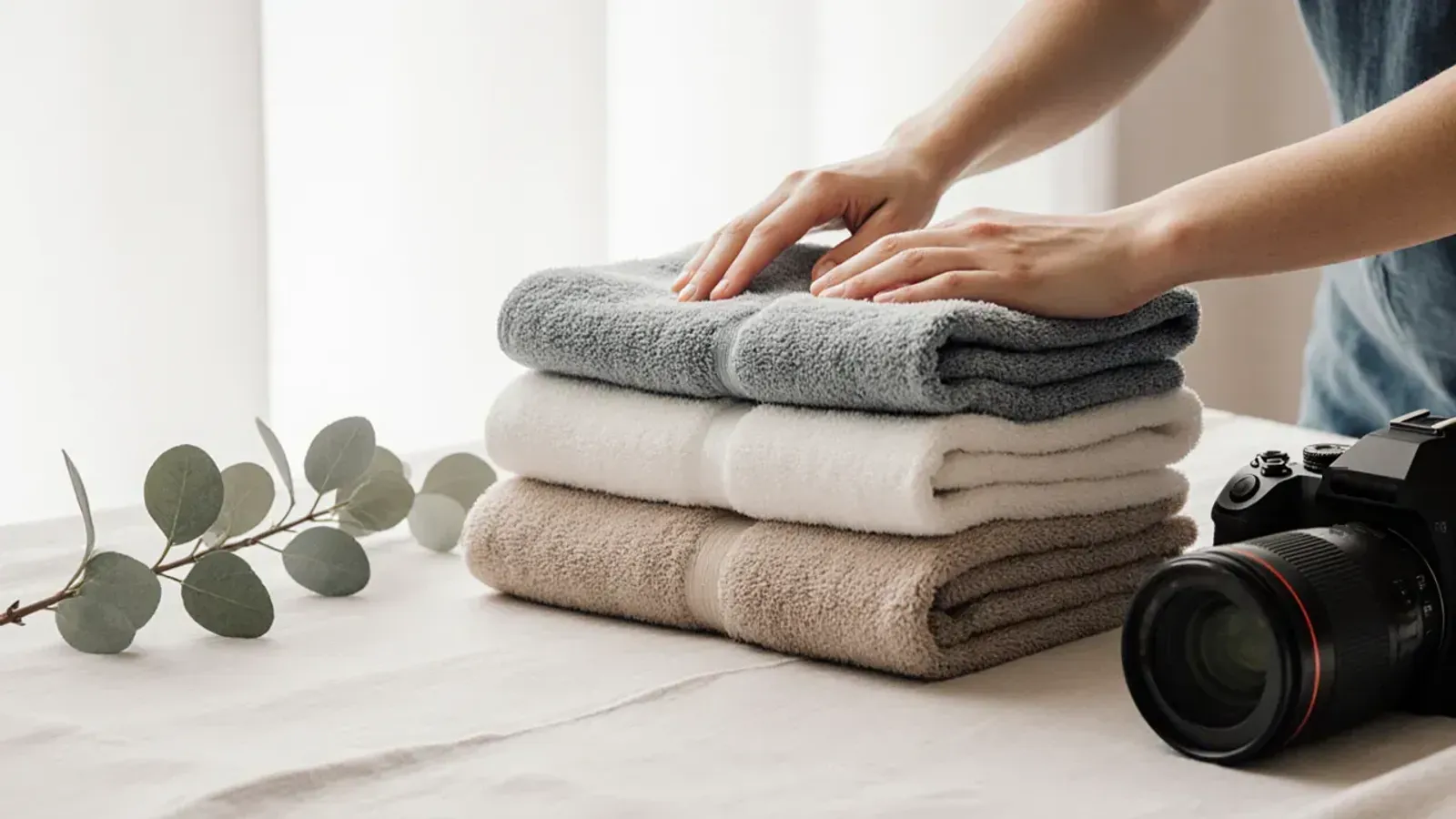 Hands smooth a stack of folded grey, white and beige cotton towels on a linen-covered table, with a sprig of eucalyptus and a camera beside them
