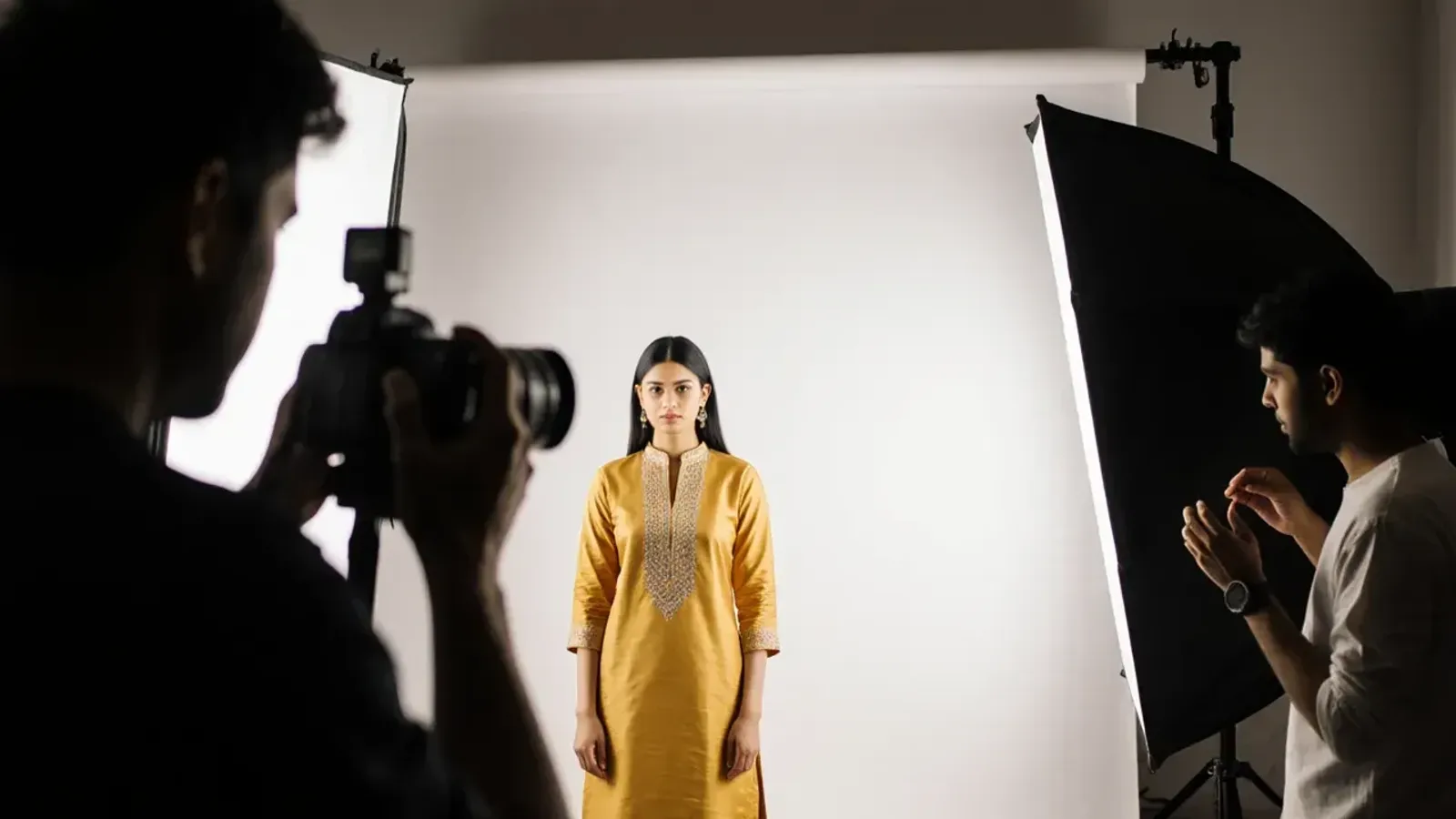 Behind the scenes of a fashion shoot: a model in a mustard silk kurta stands against a white backdrop while a photographer and an assistant work the lights