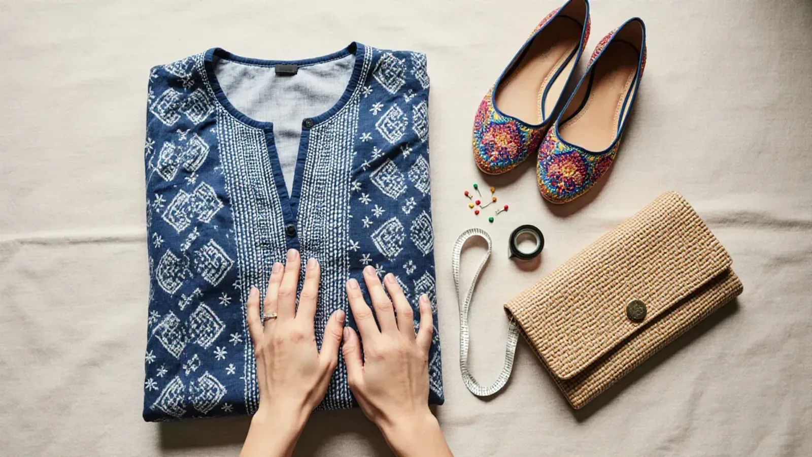 Overhead shot of hands smoothing a folded indigo block-printed kurta beside embroidered juttis, a woven clutch, a tape measure and pins