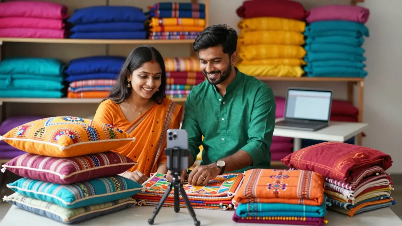 A smiling couple in an orange saree and a green kurta photograph a stack of colourful block-print cushions with a phone on a small tripod, in front of shelves of bright folded fabrics