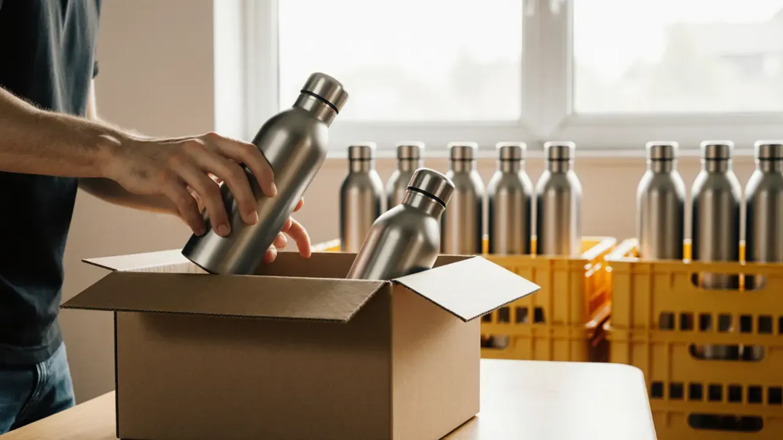 Hands pack steel water bottles into a cardboard carton, with rows of steel bottles in yellow crates behind, by a sunny window