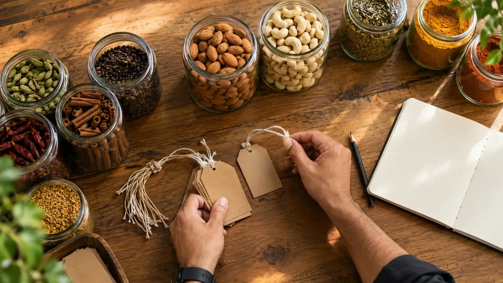 Hands tie blank kraft price tags with cotton string beside glass jars of cardamom, cinnamon, almonds, cashews and ground spices on a wooden table, with an open notebook and a pencil