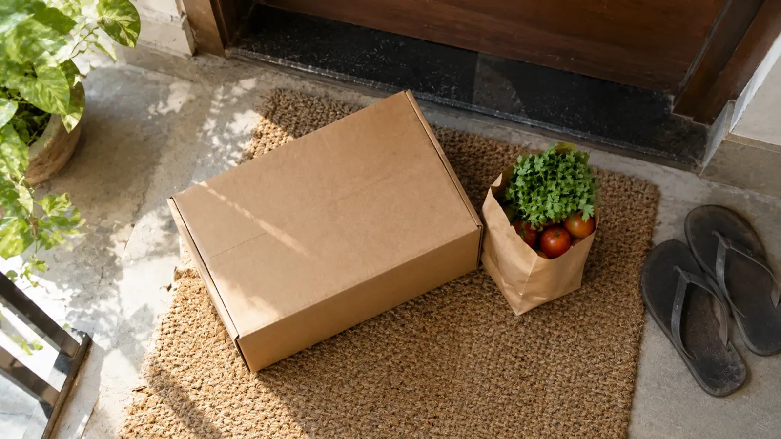 A large plain cardboard box and a small paper bag of coriander and tomatoes on a jute doormat outside a flat's front door, beside a pair of chappals