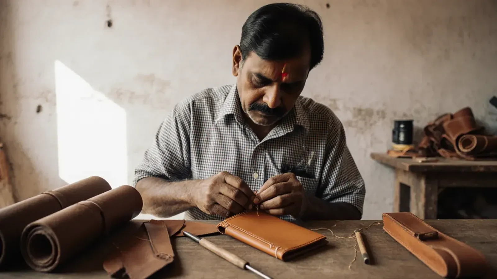 A craftsman in a checked shirt hand-stitches a tan leather wallet at a wooden workbench, with rolled leather, a finished strap and an awl beside the wallet