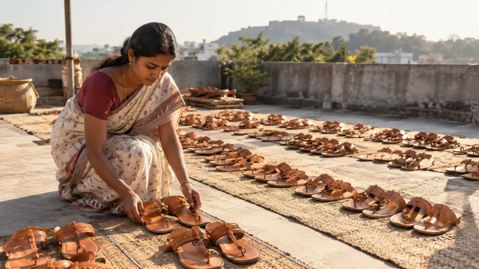 A woman in a saree arranges rows of handmade Kolhapuri chappals drying on woven mats on a sunny rooftop, with a hill in the distance