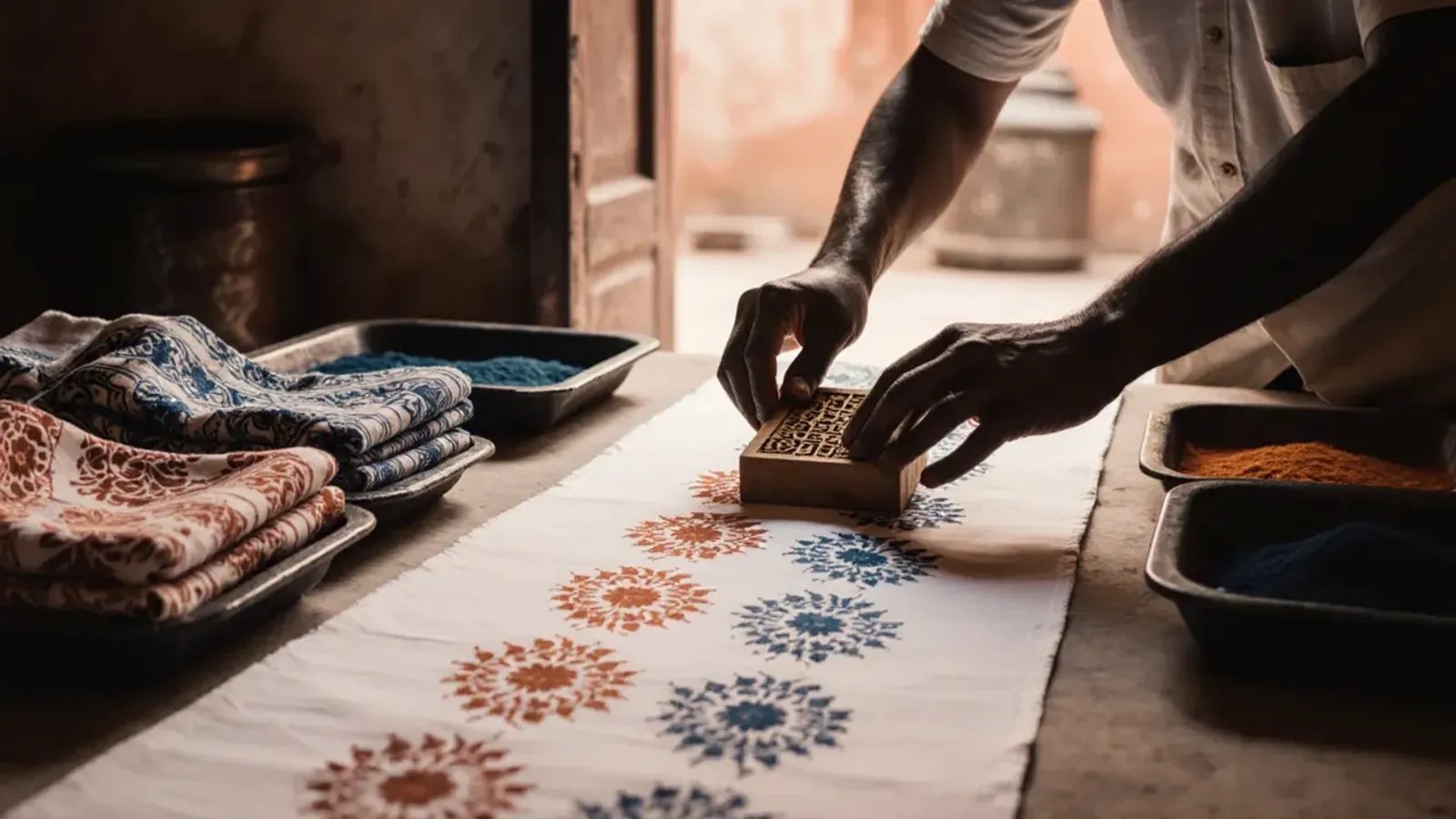 A craftsman presses a carved wooden block onto white cotton, printing rows of indigo and rust flowers, beside trays of dye and folded printed dupattas