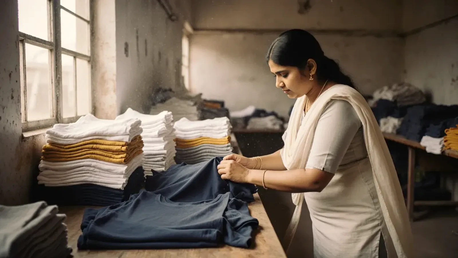 A woman folds a navy cotton T-shirt on a long wooden table in a garment workshop, beside neat stacks of white, mustard and grey T-shirts
