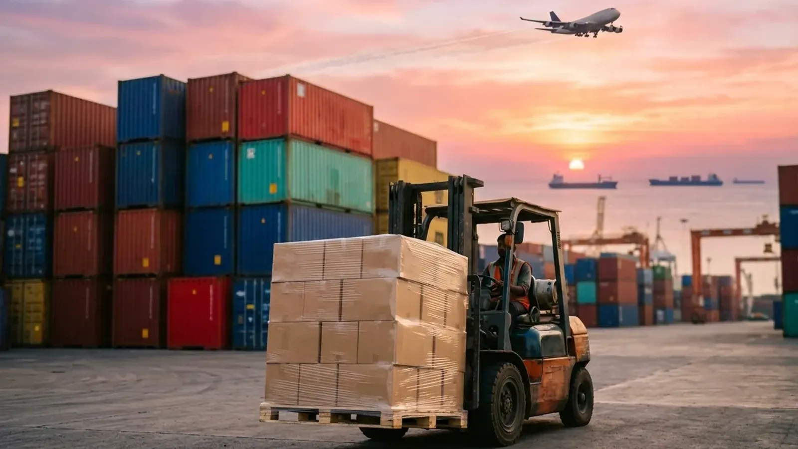 A forklift carrying a pallet of cartons through a container port at sunset, with a plane overhead and ships at sea